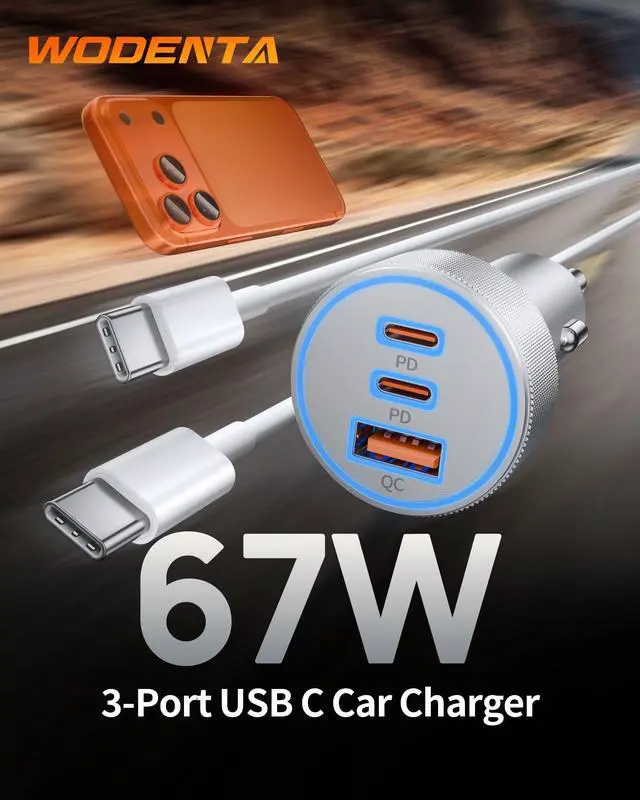 Alt view image 8 of 13 - WODENTA for iPhone 17/16/15 Pro Max Car Charger, 67W Fast USB C Car Charger