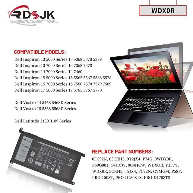 Alt view image 3 of 7 - WDX0R Laptop Battery for Dell Inspiron 15 5565 5567 5568 5570 5578 7560 7570 7579 7569/13 5368 5378 5379 7368 7378 14-7460/17-5770 7569 7579 Series 3CRH3 T2JX4 FC92N CYMGM WDXOR Y3F7Y C4HCW 11.4V 42Wh