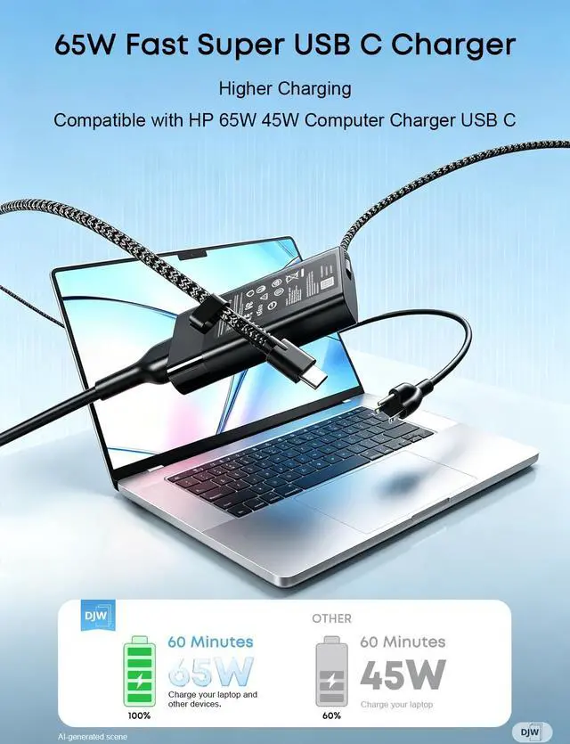 Alt view image 5 of 7 - DJW 65W USB C Laptop Charger Compatible with HP Spectre x360,Envy,Elitebook x360,Pavilion, Elite x2,Chromebook,Omnibook,Dragonfly,Zbook,ProBook Travel Computer Charger USB Type C AC Power Adapter