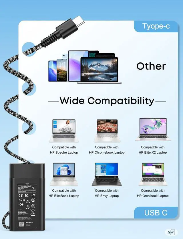 Alt view image 6 of 7 - DJW 65W USB C Laptop Charger Compatible with HP Spectre x360,Envy,Elitebook x360,Pavilion, Elite x2,Chromebook,Omnibook,Dragonfly,Zbook,ProBook Travel Computer Charger USB Type C AC Power Adapter