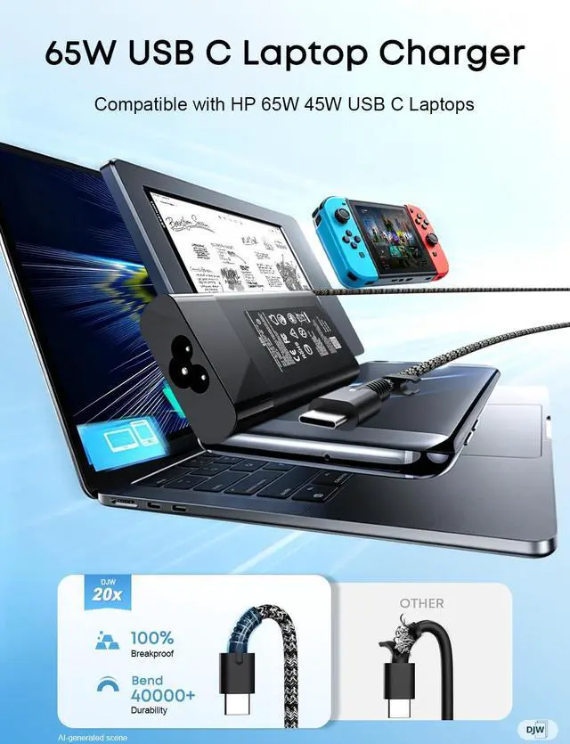 Alt view image 7 of 7 - DJW 65W USB C Laptop Charger Compatible with HP Spectre x360,Envy,Elitebook x360,Pavilion, Elite x2,Chromebook,Omnibook,Dragonfly,Zbook,ProBook Travel Computer Charger USB Type C AC Power Adapter