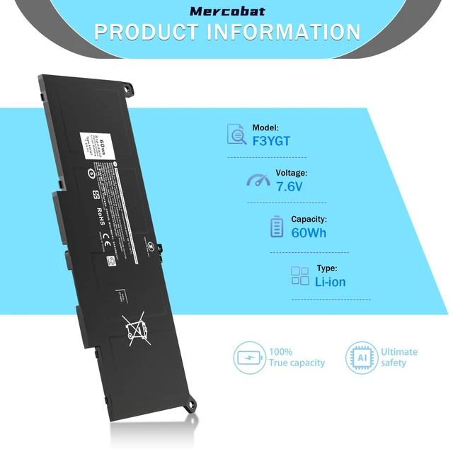 Alt view image 2 of 7 - Mercobat F3YGT Laptop Battery Replacement for Dell Latitude 12 7000 7280 7290 13 7000 7380 7390 P29S002 14 7000 7480 7490 E7280 E7480 E7490 E7290 E7380 fit DM3WC 0DM3WC 2X39G 0F3YGT DM6WC