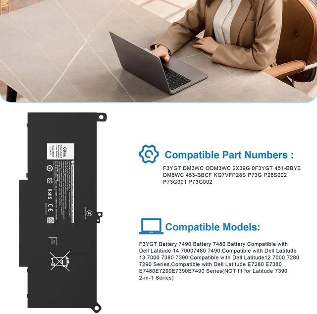 Alt view image 5 of 7 - Mercobat F3YGT Laptop Battery Replacement for Dell Latitude 12 7000 7280 7290 13 7000 7380 7390 P29S002 14 7000 7480 7490 E7280 E7480 E7490 E7290 E7380 fit DM3WC 0DM3WC 2X39G 0F3YGT DM6WC