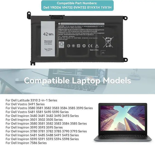 Alt view image 2 of 7 - 42Wh YRDD6 Battery for Dell inspiron 15 3000 Series 3583 3593 3582 3584 3501,inspiron 15 5000 Series 5582 5584 5593 5594 5598 5585 14 3493 5481 5482 5485 5491 5493 7586 Vostro 5481 1VX1H P93G P75F
