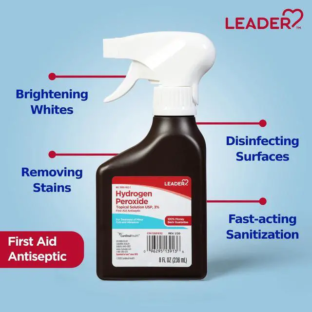 Alt view image 3 of 7 - LEADER Hydrogen Peroxide Spray Bottle First Aid Antiseptic 3% Solution Multi-Purpose Cleaner, Gentle & Effective Disinfectant Spray for Home, Cuts, and Scrapes, Easy-to-Use 8 oz Bottle