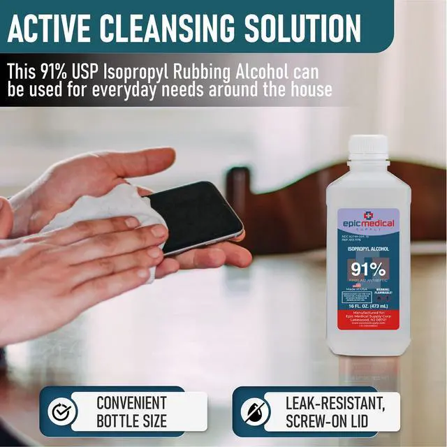 Alt view image 4 of 7 - Epic Medical Supply 91% Percent Isopropyl Alcohol 91, Rubbing Alcohol Isopropilico 16 oz. Bottle, Multipurpose First Aid Antiseptic, Alcohol for Nails (1)