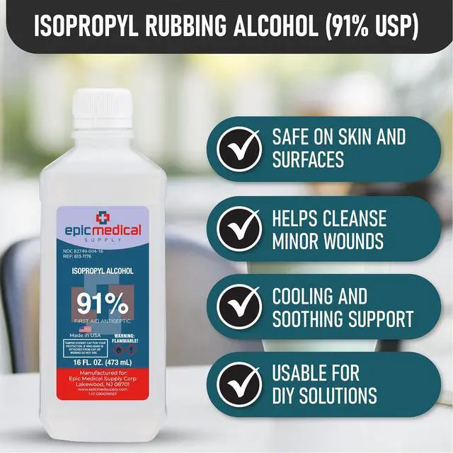 Alt view image 6 of 7 - Epic Medical Supply 91% Percent Isopropyl Alcohol 91, Rubbing Alcohol Isopropilico 16 oz. Bottle, Multipurpose First Aid Antiseptic, Alcohol for Nails (1)