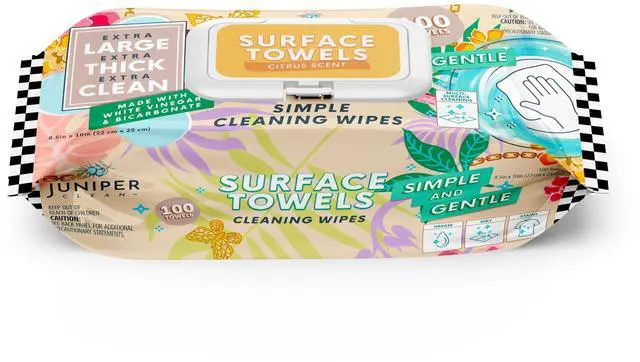 Main image of Juniper CLEAN Single Surface Cleaning Wipes Bleach Free, Thick & Large Dispose, All-Purpose Cleaner for Bathroom, Kitchen, Office, 100 Count Soft Flow, Biodegradable, Citrus Scent