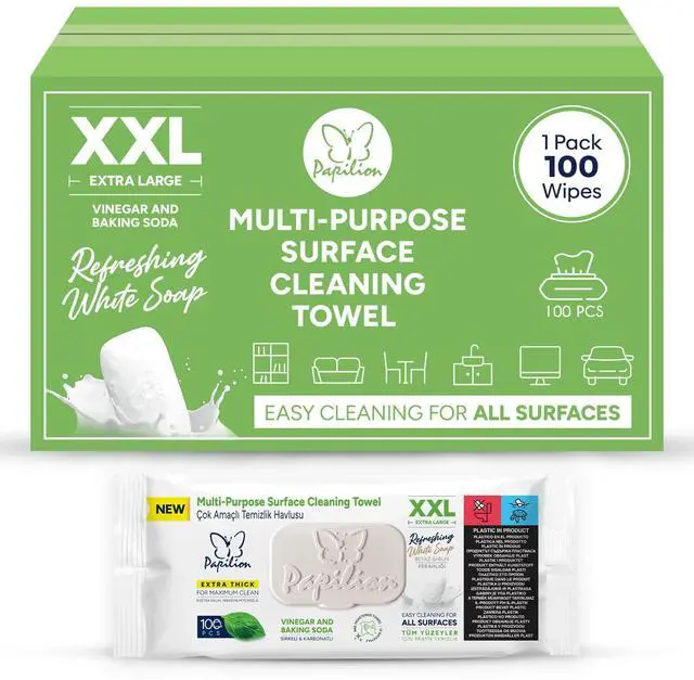 Main image of PAPILION Multi-Surface Cleaning Wipes, White Soap Scent, Removes Dirt & Stains, Paraben & SLS-Free, Surface-Safe Formula for Everyday Home, Kitchen & Office Cleaning, Flip-Top Pack, 100 Count
