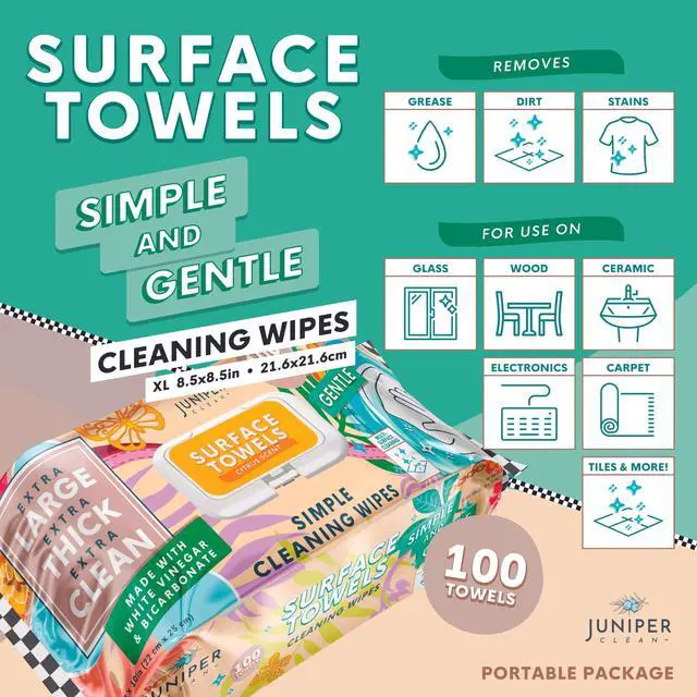 Alt view image 2 of 5 - Juniper CLEAN Single Surface Cleaning Wipes Bleach Free, Thick & Large Dispose, All-Purpose Cleaner for Bathroom, Kitchen, Office, 100 Count Soft Flow, Biodegradable, Citrus Scent