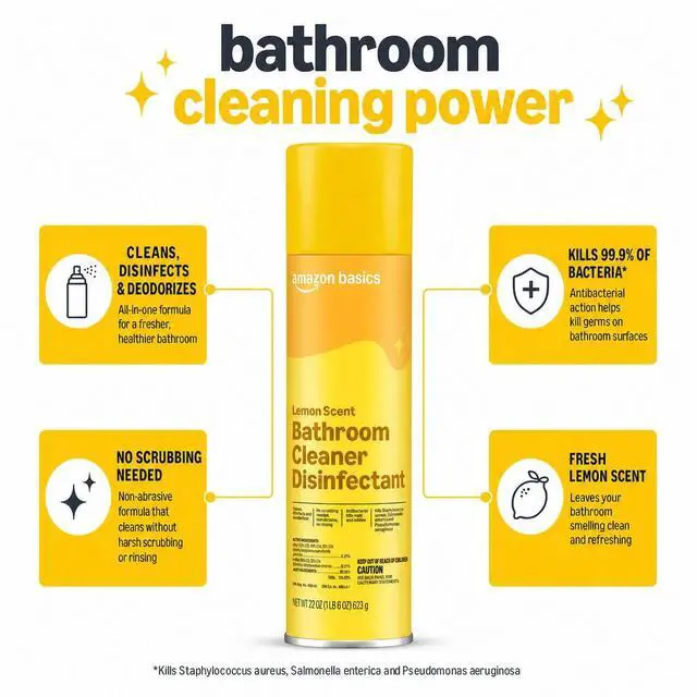 Alt view image 6 of 6 - Amazon Basics Bathroom Cleaner Disinfectant, Foaming Action, Lemon Scent, Kills 99.9% Of Bacteria, 22 OZ, Pack of 1