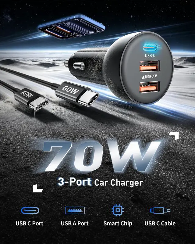 Alt view image 2 of 7 - iPhone 17 16 15 Pro Car Charger, 70W 3-Port Car Charger USB C Fast Charge