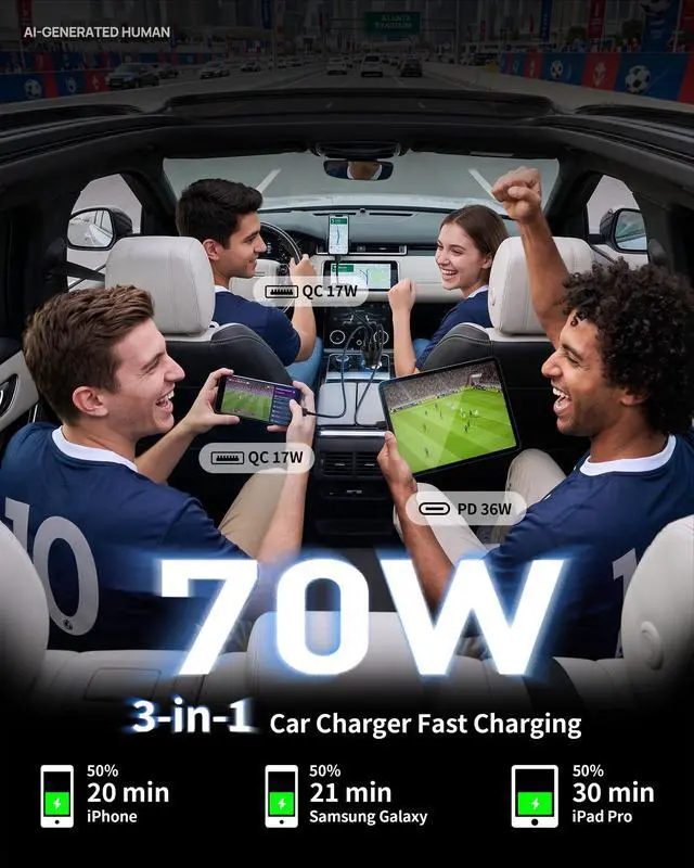 Alt view image 3 of 7 - iPhone 17 16 15 Pro Car Charger, 70W 3-Port Car Charger USB C Fast Charge
