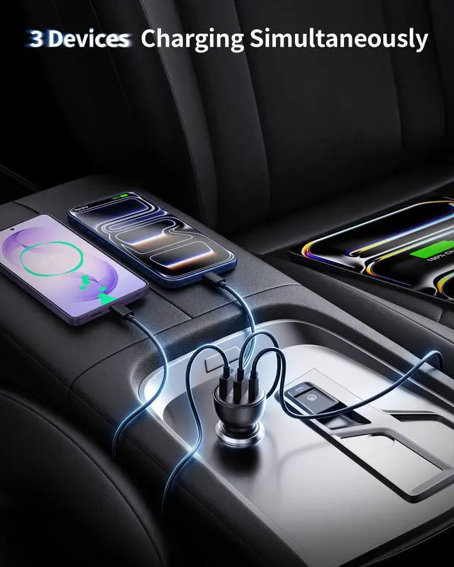 Alt view image 4 of 7 - iPhone 17 16 15 Pro Car Charger, 70W 3-Port Car Charger USB C Fast Charge
