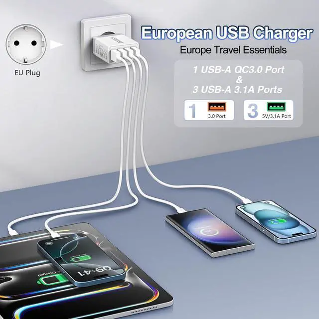 Alt view image 2 of 7 - European USB Charger, Quick Charge 3.0 40W USB Charger Block EU Plug 4 Port European Travel Plug Adapter for iPhone 17 16 15 14 13 12 11 Plus Pro Max X 8, Galaxy, LG, Pixel, Android