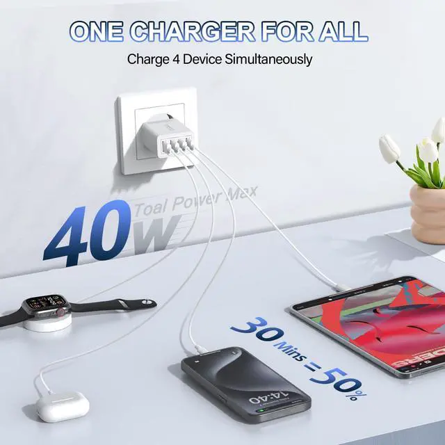 Alt view image 3 of 7 - European USB Charger, Quick Charge 3.0 40W USB Charger Block EU Plug 4 Port European Travel Plug Adapter for iPhone 17 16 15 14 13 12 11 Plus Pro Max X 8, Galaxy, LG, Pixel, Android