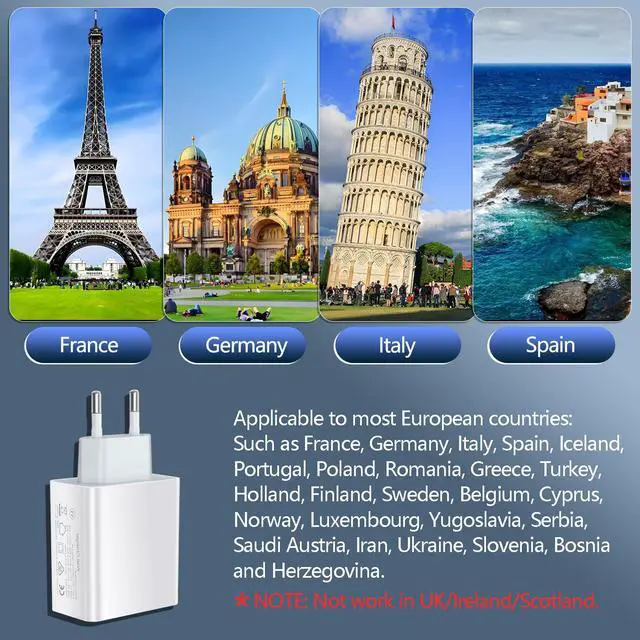 Alt view image 4 of 7 - European USB Charger, Quick Charge 3.0 40W USB Charger Block EU Plug 4 Port European Travel Plug Adapter for iPhone 17 16 15 14 13 12 11 Plus Pro Max X 8, Galaxy, LG, Pixel, Android