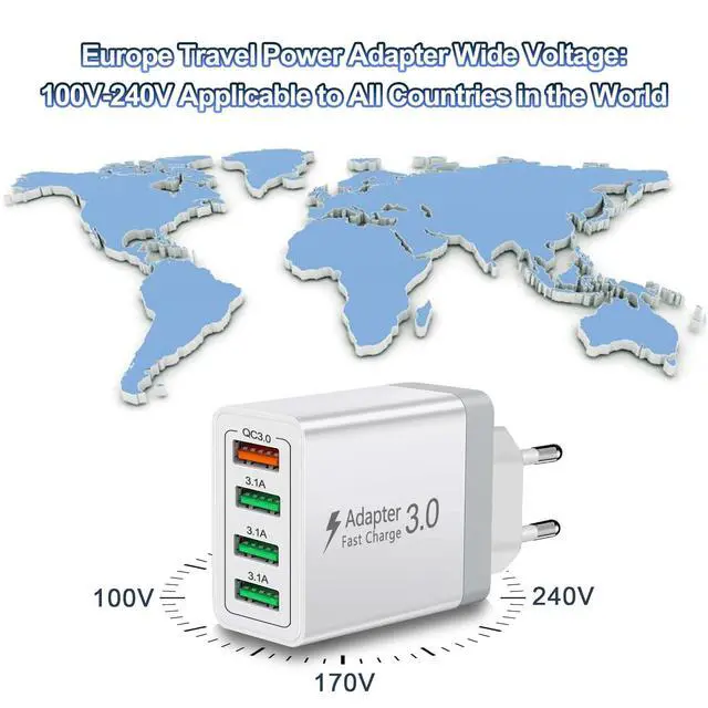 Alt view image 5 of 7 - European USB Charger, Quick Charge 3.0 40W USB Charger Block EU Plug 4 Port European Travel Plug Adapter for iPhone 17 16 15 14 13 12 11 Plus Pro Max X 8, Galaxy, LG, Pixel, Android