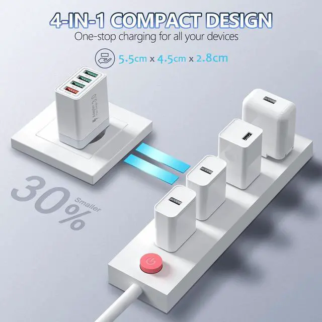 Alt view image 7 of 7 - European USB Charger, Quick Charge 3.0 40W USB Charger Block EU Plug 4 Port European Travel Plug Adapter for iPhone 17 16 15 14 13 12 11 Plus Pro Max X 8, Galaxy, LG, Pixel, Android