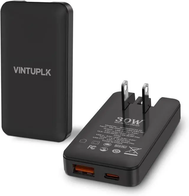 Main image of VINTUPLK 30W Flat USB C Charger, Dual-Port GaN Wall Adapter, Foldable Plug for iPhone 16/15, Galaxy S25/S24, Black