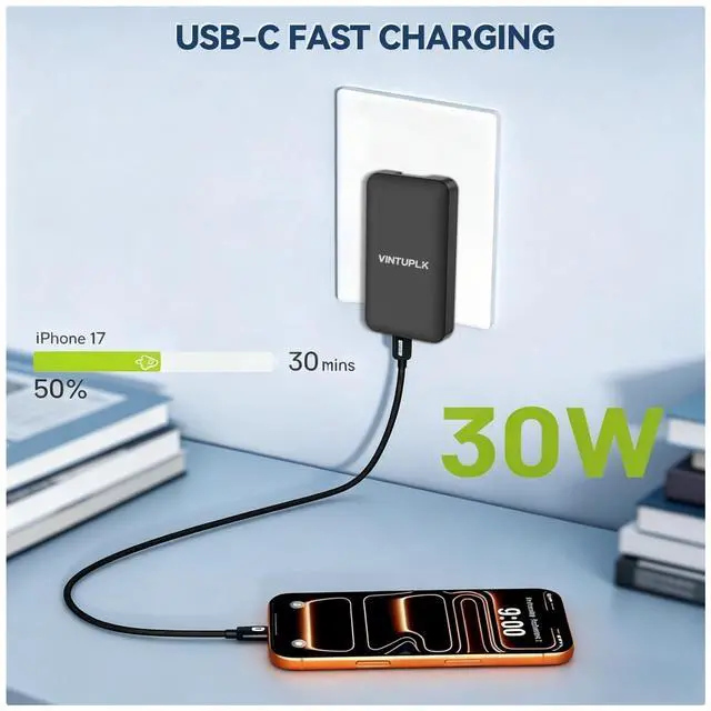 Alt view image 2 of 7 - VINTUPLK 30W Flat USB C Charger, Dual-Port GaN Wall Adapter, Foldable Plug for iPhone 16/15, Galaxy S25/S24, Black