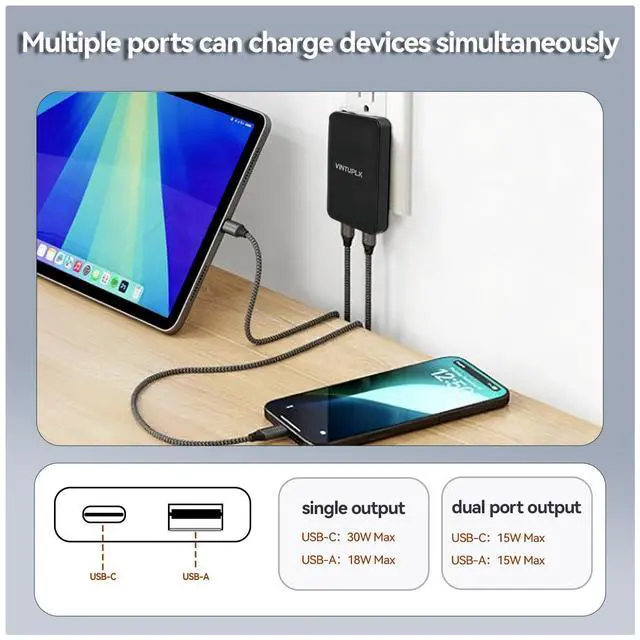 Alt view image 3 of 7 - VINTUPLK 30W Flat USB C Charger, Dual-Port GaN Wall Adapter, Foldable Plug for iPhone 16/15, Galaxy S25/S24, Black