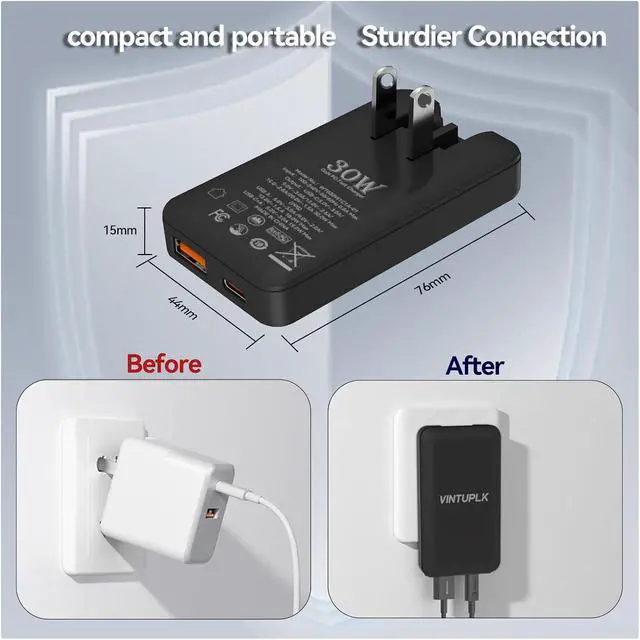 Alt view image 4 of 7 - VINTUPLK 30W Flat USB C Charger, Dual-Port GaN Wall Adapter, Foldable Plug for iPhone 16/15, Galaxy S25/S24, Black