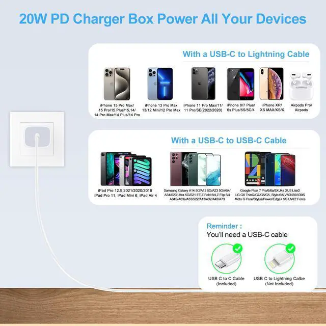 Alt view image 3 of 7 - USB C Box Fast Charger Block for Samsung Galaxy A17 5G A16 A15/A54/A36/S25/S24FE/A13/A53/A03S/A23/A24/Z Fold7/S23/S22,iPhone 17 Pro Max/16/15,Pixel 10Pro/9a/8,20W Wall Charger Plug USB C Charger Brick