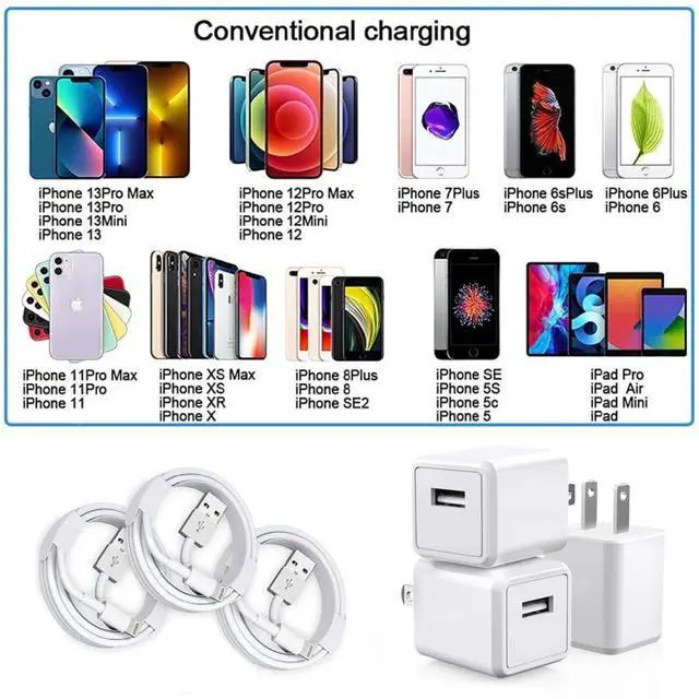 Alt view image 7 of 7 - iPhone Charger, 3PackMFi Certified Lightning Cable Quick Fast Charging Cords and 3Pack USB Wall Charger Travel Plug Block Adapter Compatible with iPhone 14/13/12/11 Pro/Xs/XR/X/8 Plus and More