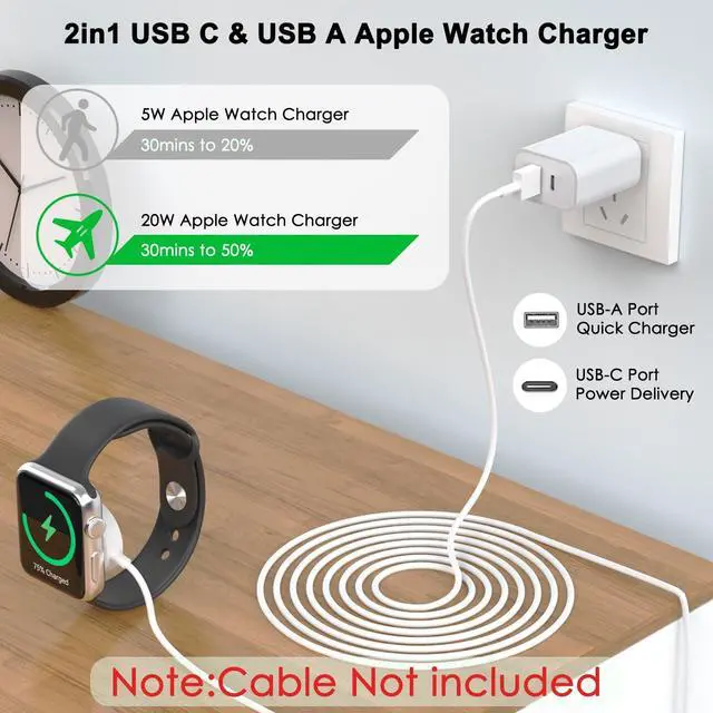 Alt view image 2 of 6 - Fast USB C Charger Block for Apple Watch,20W Dual Port Wall Charger Type C Charging Plug Power Adapter for Apple Watch/iWatch Series Ultra/11/10/9/8/7/6/5/4/3,iPhone 17/16/15,AirPods 4/3/2/1
