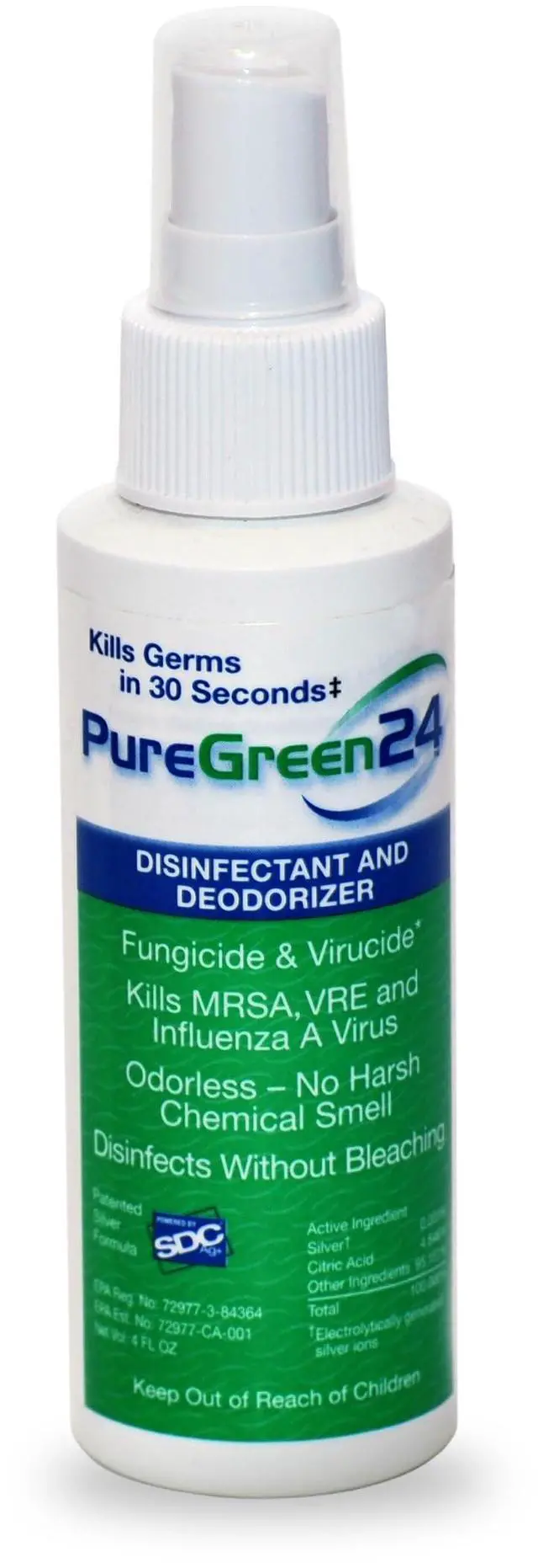 Main image of PURE GREEN 24 Safe & Effective Disinfectant. Kills Deadly Germs including RSV COVID-19 Norovirus MRSA Staph 2026 flu Bird flu Contains no toxic chemicals odorless child & pet safe 1 4oz spray bottle