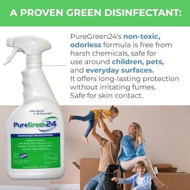 Alt view image 7 of 7 - PURE GREEN 24 Safe & Effective Disinfectant. Kills Deadly Germs including RSV COVID-19 Norovirus MRSA Staph 2026 flu Bird flu Contains no toxic chemicals odorless child & pet safe 1 4oz spray bottle