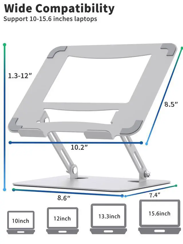 Alt view image 6 of 7 - SOUNDANCE Laptop Stand for Desk with Stable Heavy Base, Adjustable Height Multi-Angle, Ergonomic Metal Riser Holder, Foldable Mount Elevator, Compatible with 10 to 15.6 Inches PC Computer, Silver