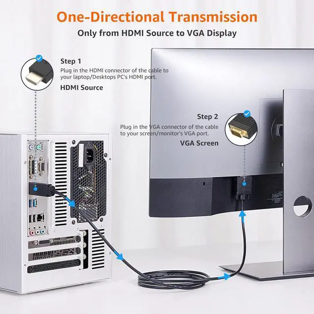 Alt view image 3 of 6 - Amazon Basics HDMI (Source) to VGA (Display) Cable (ONE-Directional), Male to Male, 1080P, Gold-Plated, 6 feet, Black