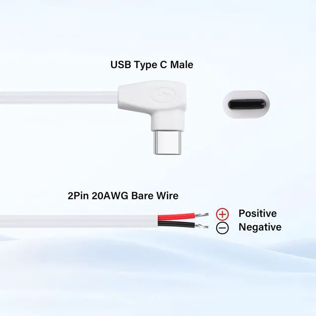 Alt view image 2 of 7 - PNGKNYOCN Right Angle USB C Power Pigtail Cable2 Pack 20AWG 5V/5A 90 Degree USB Type C Male Plug to 2 Pin Bare Wire Open End Extension Power Cable for DIY Equipment Installed Replace Repair0.3M