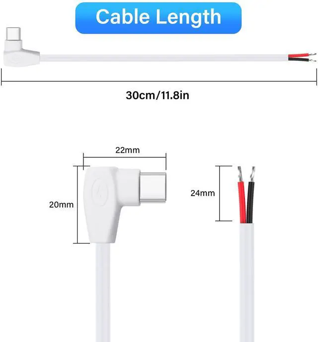 Alt view image 7 of 7 - PNGKNYOCN Right Angle USB C Power Pigtail Cable2 Pack 20AWG 5V/5A 90 Degree USB Type C Male Plug to 2 Pin Bare Wire Open End Extension Power Cable for DIY Equipment Installed Replace Repair0.3M