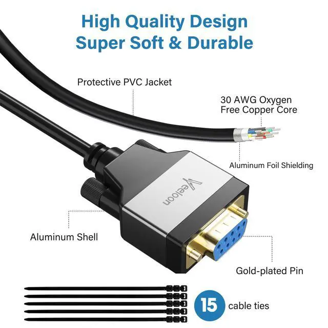 Alt view image 3 of 6 - Veeloon Straight Through DB9 RS232 Serial Cable 4 FT, Female to Female DB 9 Pin Extension Cable, Aluminum Shell DB9 Adapter Wire Cord for Computer Monitor Switch Router & Serial Interface Devices.