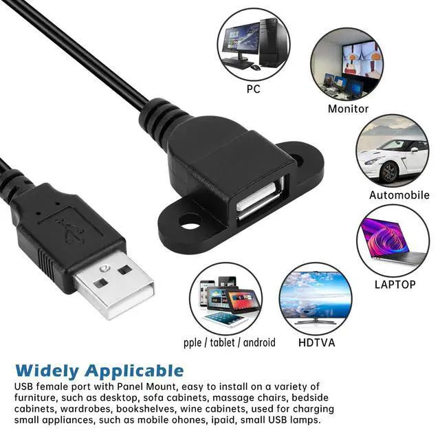 Alt view image 3 of 6 - QiCheng&LYS USB Male to Single Female Extension Cable Charging Cable, Furniture nightstand Sofa Electric Vehicle on-Board Charging Port, Panel Mount Cable with Screw Hole 5ft (1 Male to 1 Female)