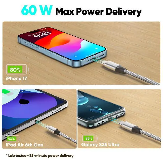 Alt view image 4 of 7 - 15 Ft USB C Cable, 60W Fast Charging Type C Charger Cord Long, Silver