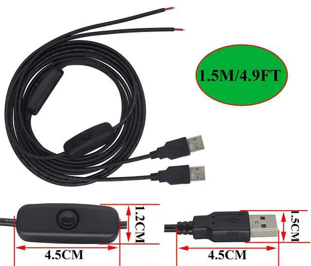 Alt view image 2 of 7 - HCFeng with ON/Off Switch USB 2.0 A Male Plug 2 Pin Bare Wire Charge Cable
