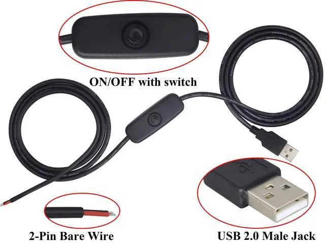 Alt view image 3 of 7 - HCFeng with ON/Off Switch USB 2.0 A Male Plug 2 Pin Bare Wire Charge Cable