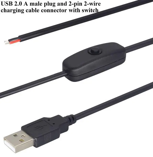 Alt view image 4 of 7 - HCFeng with ON/Off Switch USB 2.0 A Male Plug 2 Pin Bare Wire Charge Cable