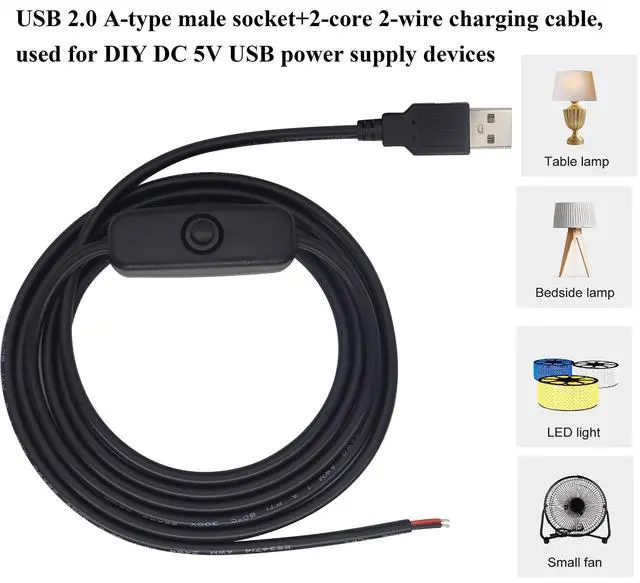 Alt view image 6 of 7 - HCFeng with ON/Off Switch USB 2.0 A Male Plug 2 Pin Bare Wire Charge Cable