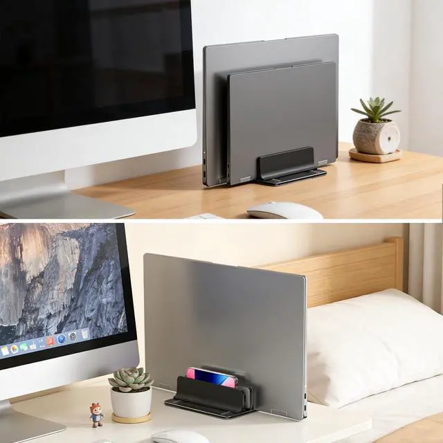 Alt view image 5 of 7 - GleYo Vertical Laptop Stand for Desk Aluminum Book Holder with Adjustable Double Slot Desktop Accessories for MacBook Pro/Air Gaming Laptops, Black
