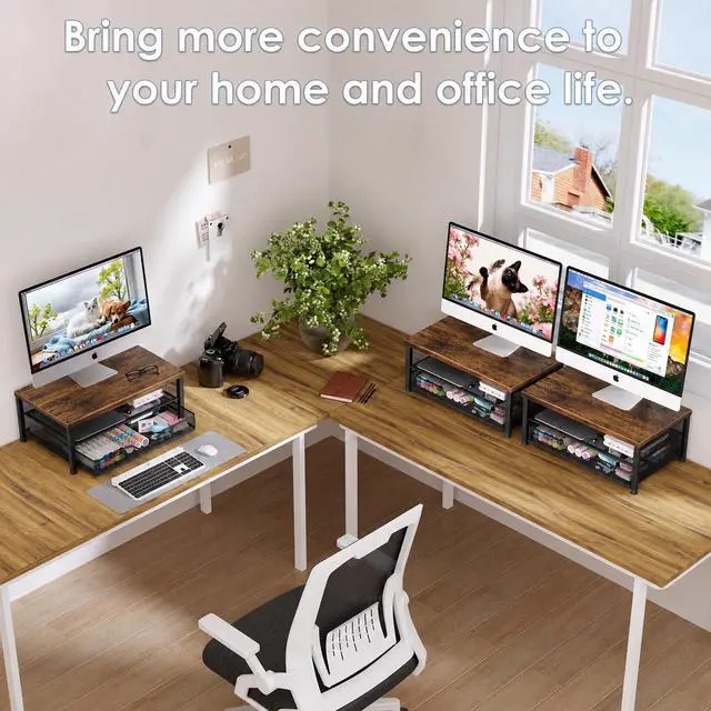 Alt view image 4 of 6 - OPNICE Computer Monitor Stand Riser, Desk Organizer with Drawer, Printer & Laptop Stand, Office Desk Accessories & Workspace Desktop Organizers Storage for Office Supplies(Brown)