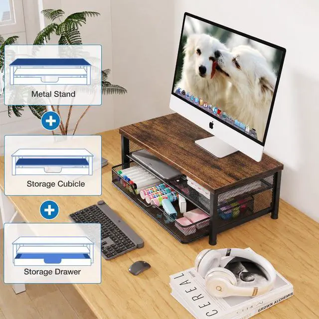 Alt view image 3 of 6 - OPNICE Computer Monitor Stand Riser, Desk Organizer with Drawer, Printer & Laptop Stand, Office Desk Accessories & Workspace Desktop Organizers Storage for Office Supplies(Brown)