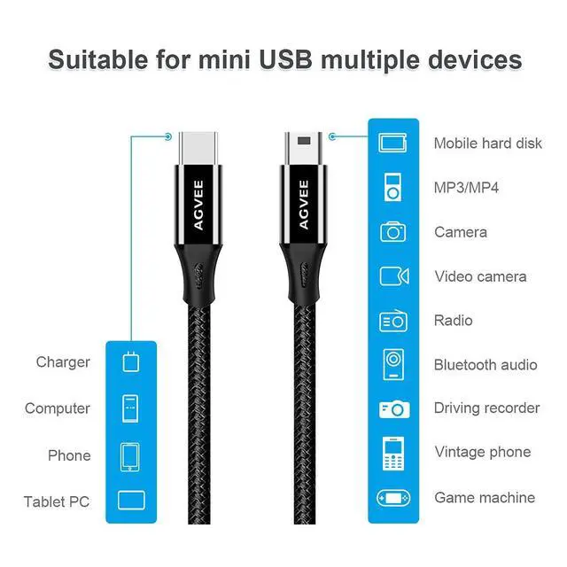Alt view image 5 of 7 - AGVEE 3.3ft USB-C to Mini USB Cable, Data Transfer Charging Cord