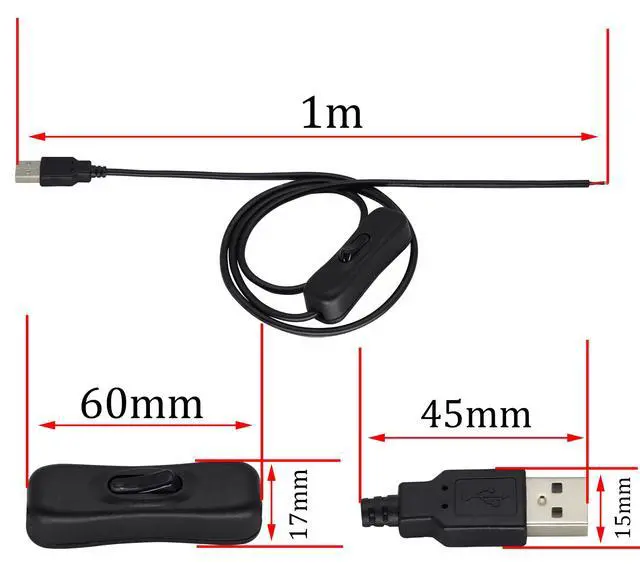 Alt view image 4 of 7 - HCFeng with ON/OffUSB 2.0 A Male Plug 2 Pin 2 Bare Wire Charge Cable