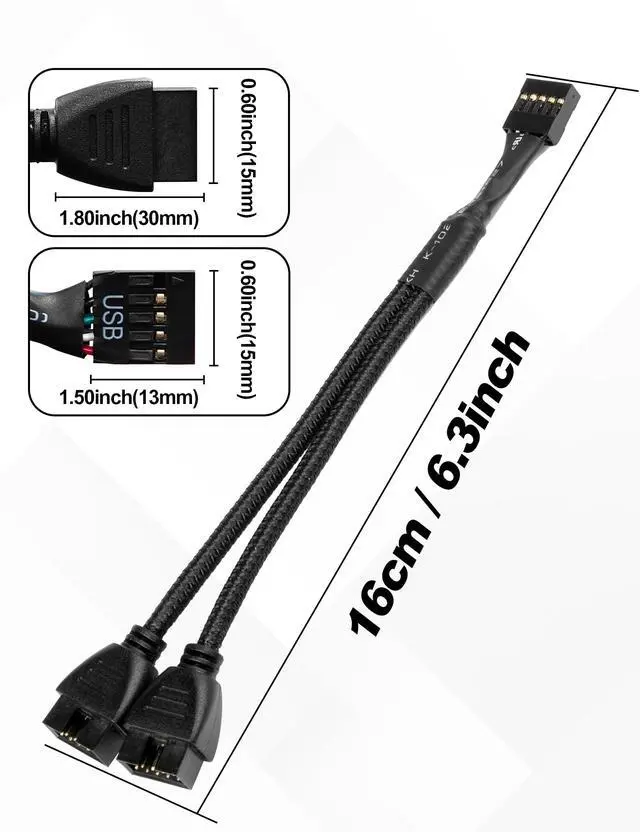 Alt view image 3 of 7 - upHere 1-Pack USB 2.0 Motherboard Splitter - 9-Pin to Dual 9-Pin Header Extension Cable for CPU Air Coolers, CPU Liquid Coolers, Case Fans & PC Peripherals,CMUSB9K201