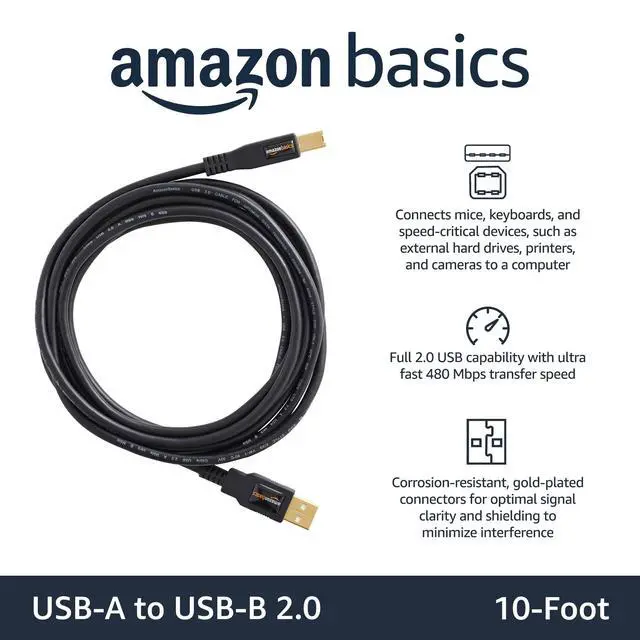 Alt view image 2 of 4 - Amazon Basics USB-A to USB-B 2.0 Cable for Printer or External Hard Drive, Gold-Plated Connectors, 10 Foot, Black